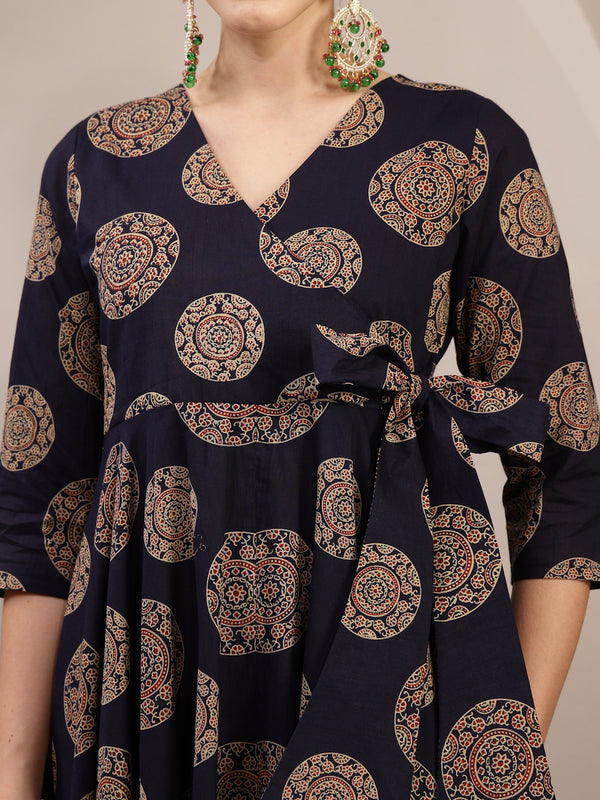 Gulmohar Jaipur Cotton Calf Length Printed 3/4 Sleeve V-Neck Anarkali Kurta Suit Set