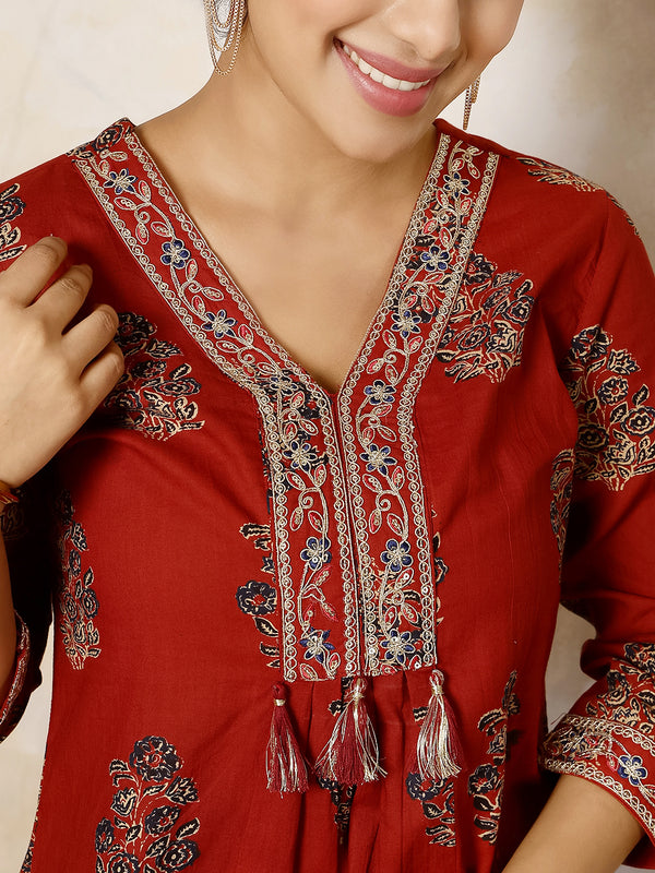Maroon Cotton Calf Length Printed V-Neck Flared Kurta Suit Set