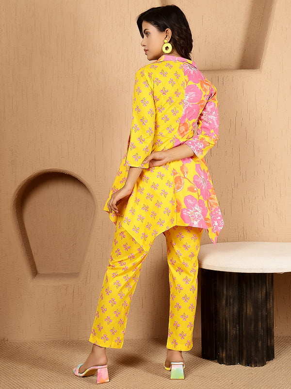 Yellow Cotton Hip Length Printed Shirt Coller Asymmetric Kurta Pant Set