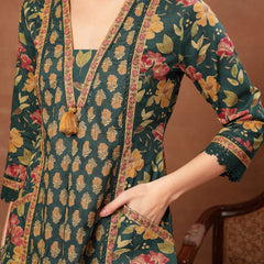 Cotton Calf Length Printed 3/4 Sleeves V-Neck Flared Kurta Suit Set