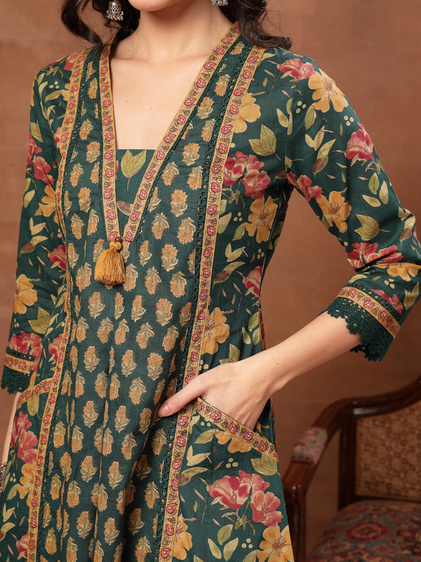 Cotton Calf Length Printed 3/4 Sleeves V-Neck Flared Kurta Suit Set