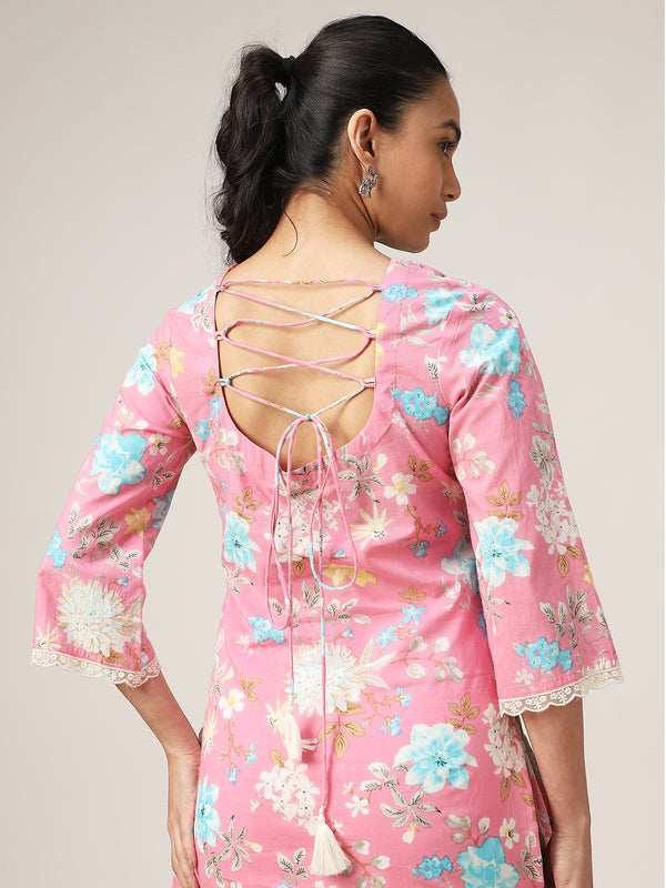 Cotton Hip Length Printed 3/4 Sleeve V-Neck Straight Top