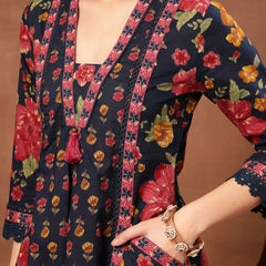 Cotton Calf Length Printed 3/4 Sleeves V-Neck Flared Kurta Suit Set
