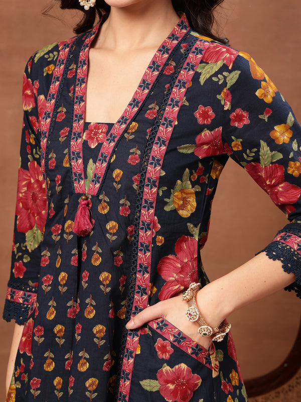 Cotton Calf Length Printed 3/4 Sleeves V-Neck Flared Kurta Suit Set