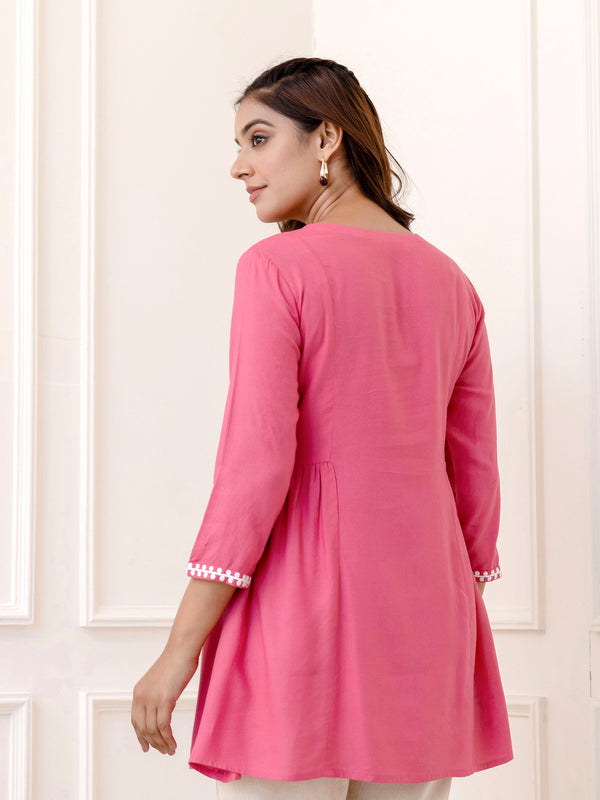 Pink Rayon Hip Length Solid Round Neck Solid Embroidered Straight Top