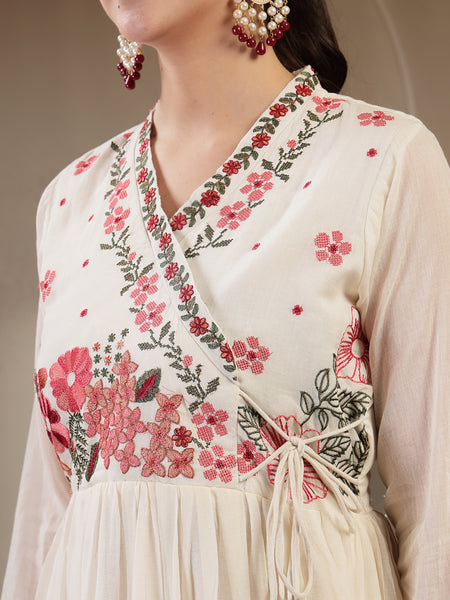 Gulmohar Jaipur Cotton Calf Length Solid Full Sleeves Anrakha Neck Flared Kurta Suit Set