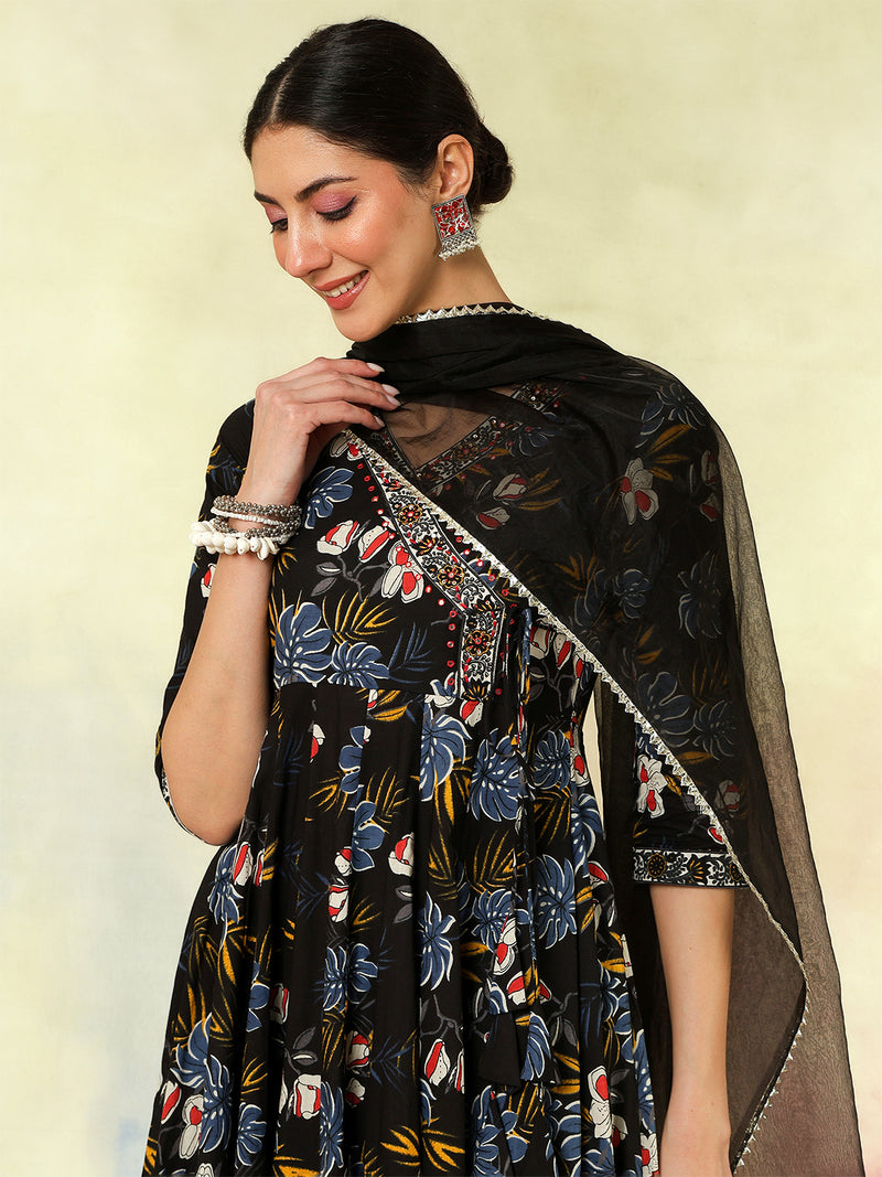 Black Pure Cotton Printed hand-Work Anarkali Kurta Suit Set