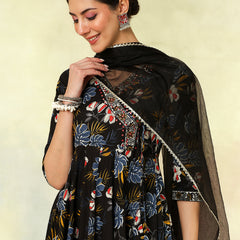 Black Pure Cotton Printed hand-Work Anarkali Kurta Suit Set