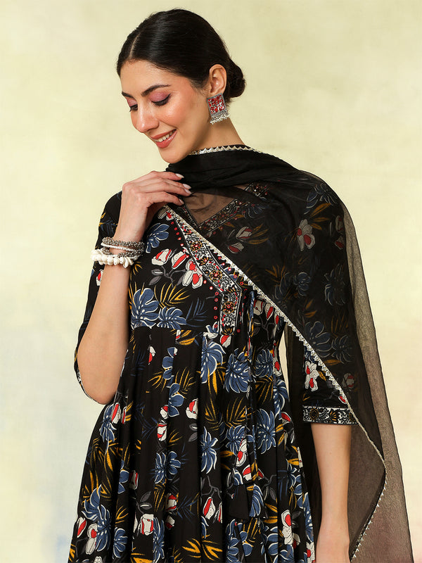 Black Pure Cotton Printed hand-Work Anarkali Kurta Suit Set