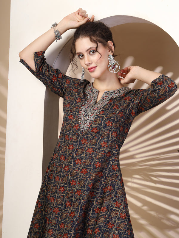 Navy Cotton Calf Length Printed Round Neck Asymmetric Kurta Palazzo Set