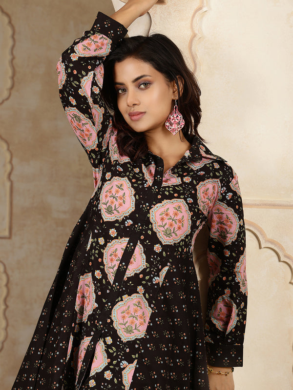 Black Cotton Hip Length Printed Shirt Coller Asymmetric Kurta Pant Set