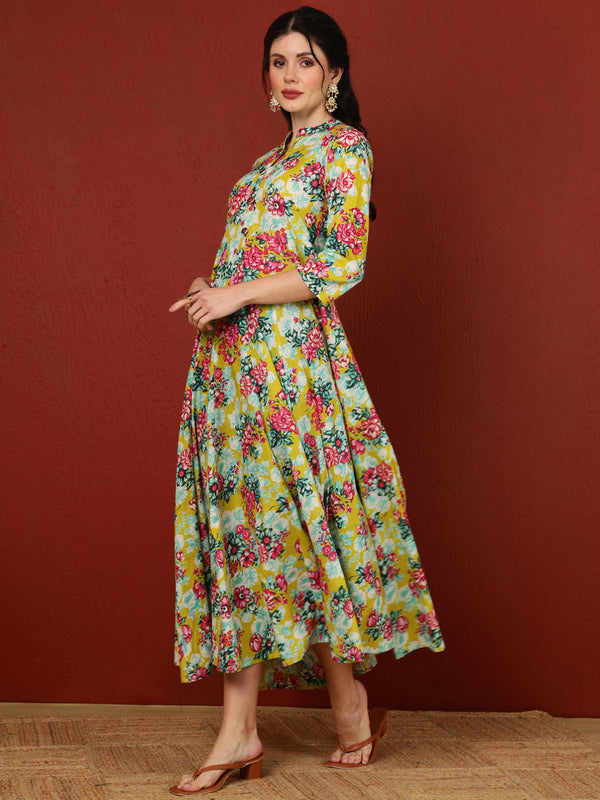Cotton Calf Length Printed Flared 3/4 Sleeves Mandarin Kurta