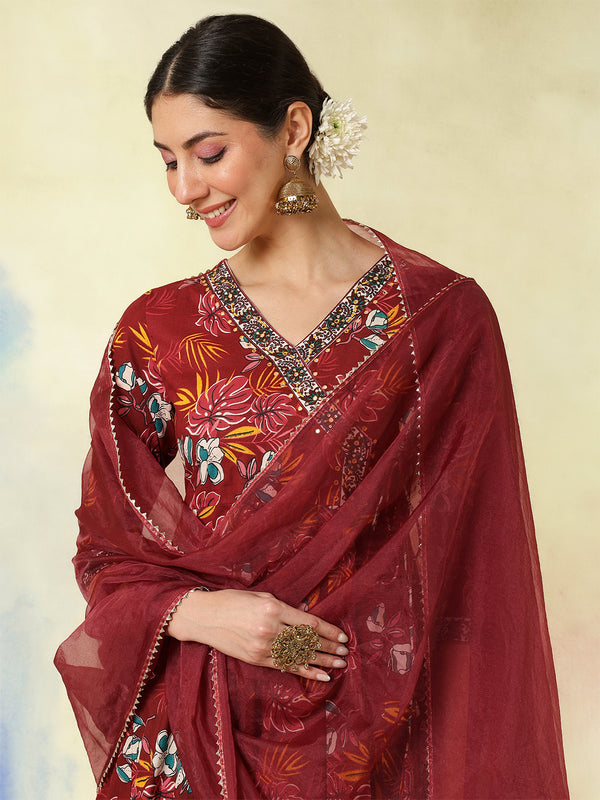 Black Pure Cotton Printed hand-Work Anarkali Kurta Suit Set