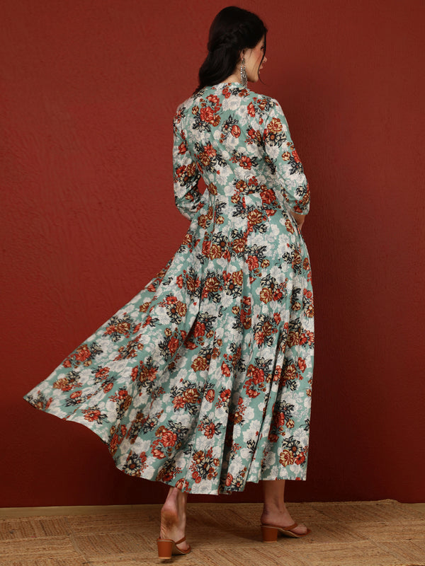 Cotton Calf Length Printed Flared 3/4 Sleeves Mandarin Kurta