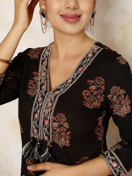 Black Cotton Calf Length Printed V-Neck Flared Kurta Suit Set