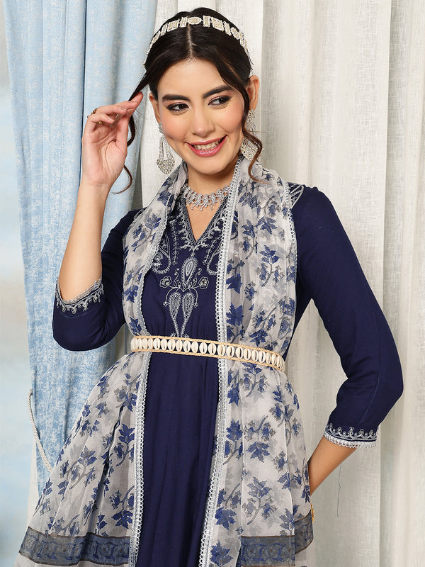Navy Rayon Calf Length Solid V-Neck Anarkali Kurta Suit Set