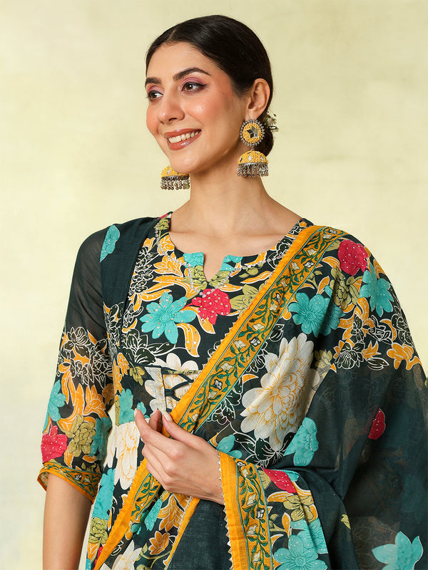 Blue Pure Cotton Printed Hand-Work Anarkali Kurta Suit Set