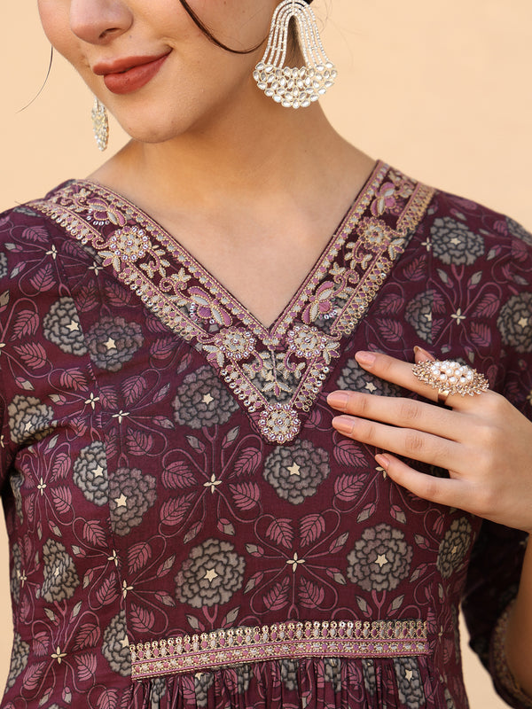 Wine Cotton Calf Length Printed Semi-Flared V-Neck Kurta
