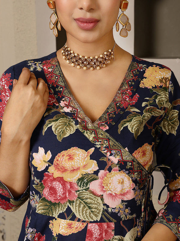 Navy Cotton Calf Length Printed V-Neck Anarkali Kurta Suit Set