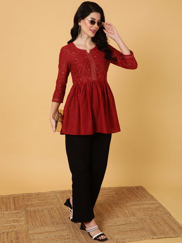 Cotton Midi Length Printed Flared 3/4 Sleeves Round Top