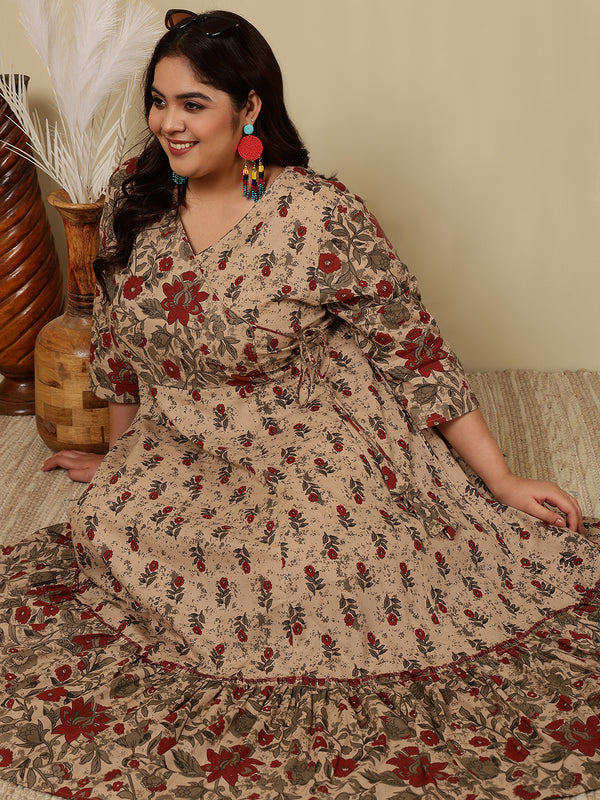 Cotton Calf Length Printed Flared 3/4 Sleeves V-Neck Kurta