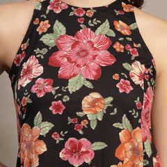 Cotton Calf Length Printed Sleeveless Round Neck Flared Kurta Suit Set