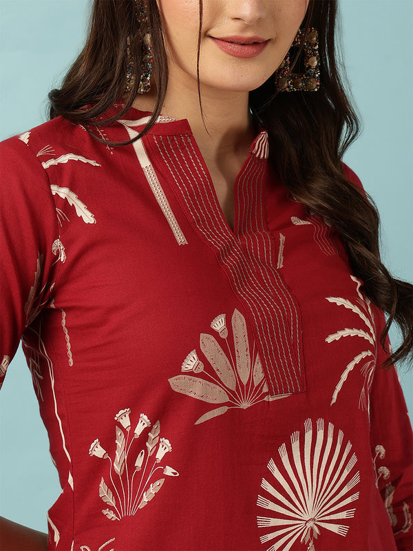 Rayon Calf Length Printed Straight 3/4 Sleeves Mandarin Neck Kurta Bottom Set