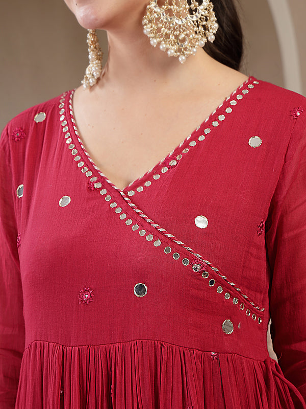 Gulmohar Jaipur Malmal Calf Length Solid Full Sleeves Anrakha Neck Anarkali Kurta Suit Set