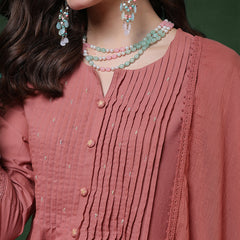 Peach Rayon Calf Length Solid 3/4 Sleeves Round Neck Semi-Flared Kurta Suit Set