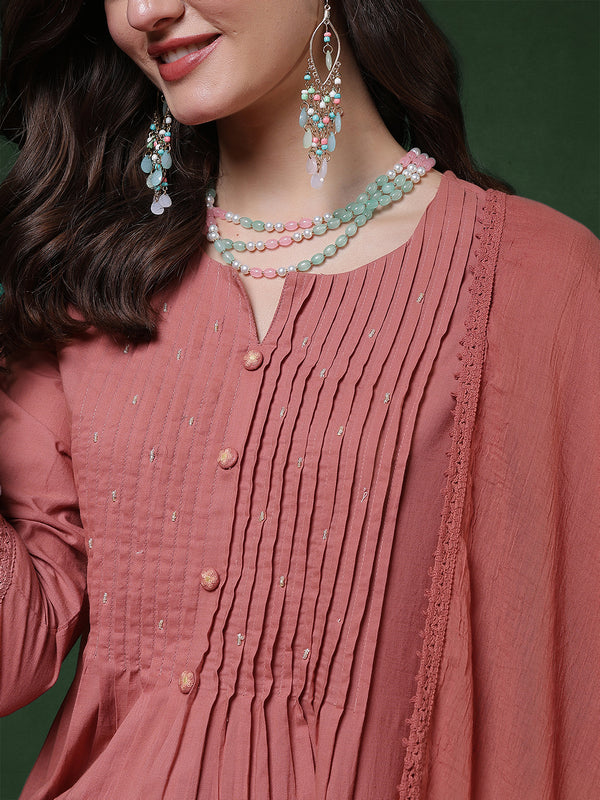 Peach Rayon Calf Length Solid 3/4 Sleeves Round Neck Semi-Flared Kurta Suit Set