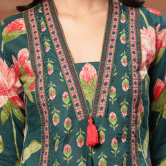 Cotton Calf Length Printed 3/4 Sleeves V-Neck Flared Kurta Suit Set