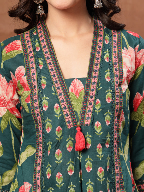 Cotton Calf Length Printed 3/4 Sleeves V-Neck Flared Kurta Suit Set