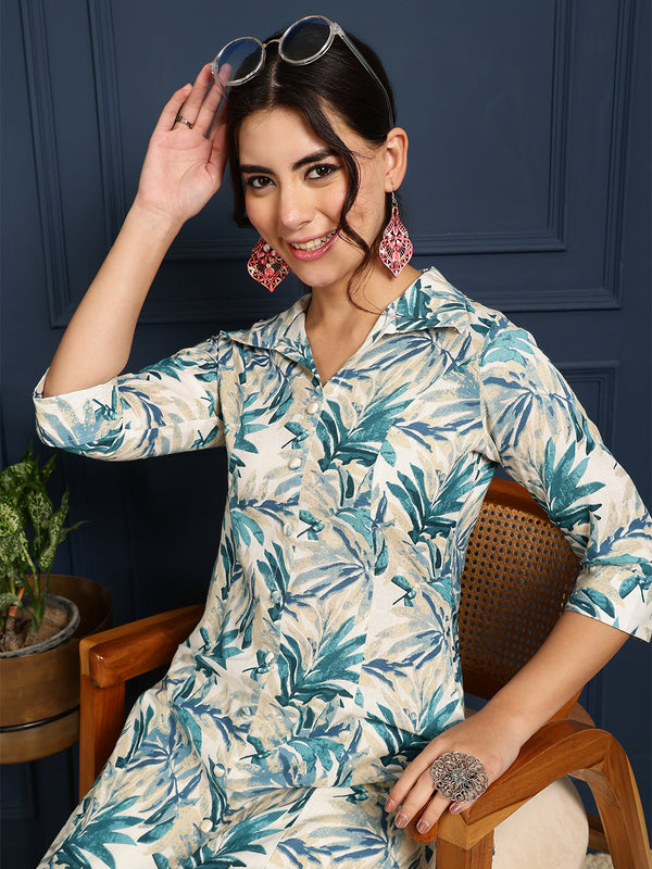 Green Cotton Flex Calf Length Printed Shirt Coller Straight Kurta