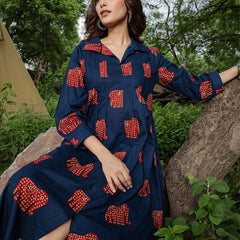 Gulmohar Jaipur Cotton Calf Length Printed Full Sleeve Shirt Collar Flared Dress