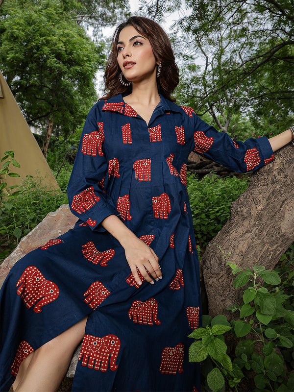 Gulmohar Jaipur Cotton Calf Length Printed Full Sleeve Shirt Collar Flared Dress