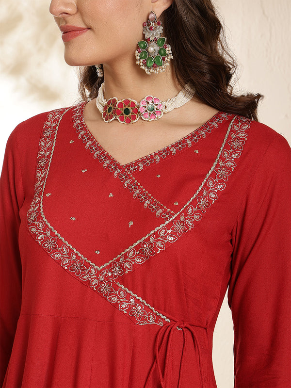 Maroon Rayon Solid 3/4 Sleeves V-Neck Anarkali Kurta Suit Set