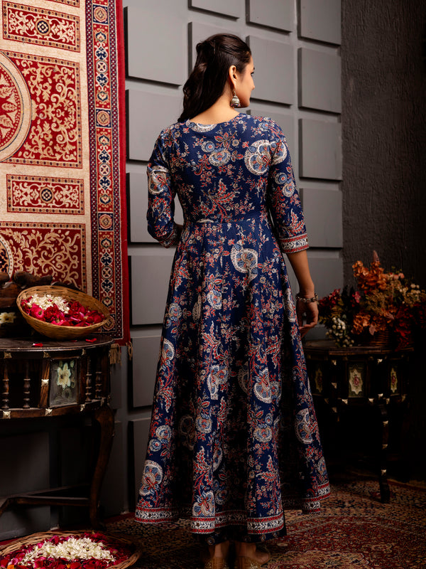 Blue Cotton Calf Length Printed Flared V-Neck Kurta Suit Set