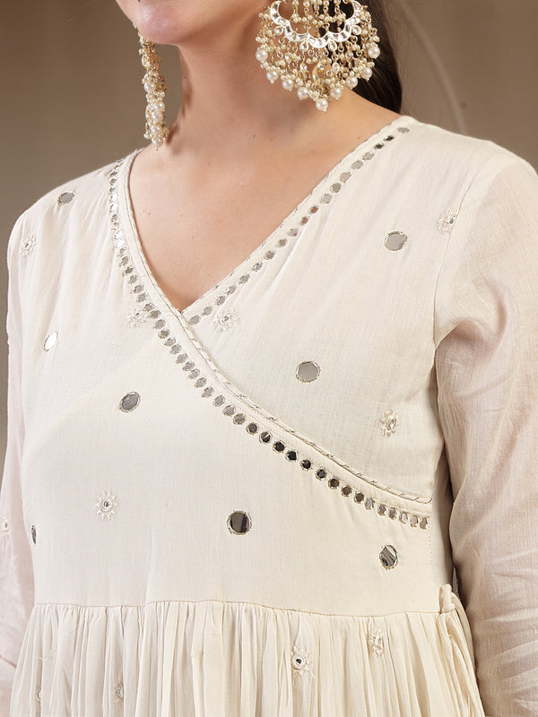 Gulmohar Jaipur Malmal Calf Length Solid Full Sleeves Anrakha Neck Anarkali Kurta Suit Set