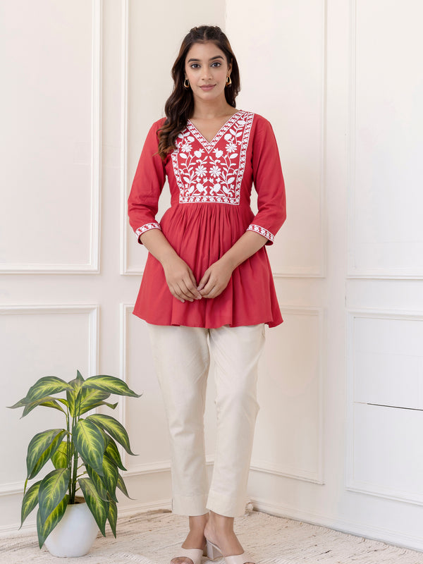 Coral Rayon Hip Length Solid V-Neck Solid Embroidered Semi-Flared Top