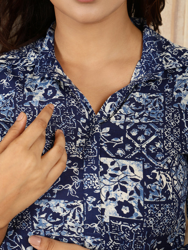 Indigo Cotton Hip Length Printed Shirt Coller Straight Kurta Palazzo Set