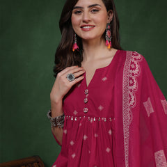 Rayon Calf Length Printed 3/4 Sleeves Round Neck Semi-Flared Kurta Suit Set