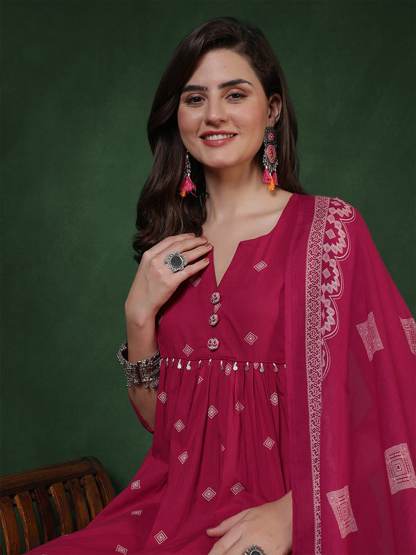 Rayon Calf Length Printed 3/4 Sleeves Round Neck Semi-Flared Kurta Suit Set