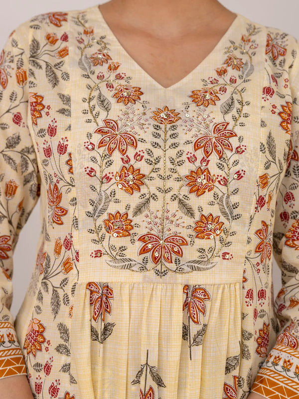 Off White Cotton Floral Print Embroidered Kurta Suit Set
