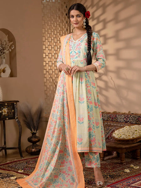 Mint Green Cotton Floral Print Embroidered Kurta Suit Set