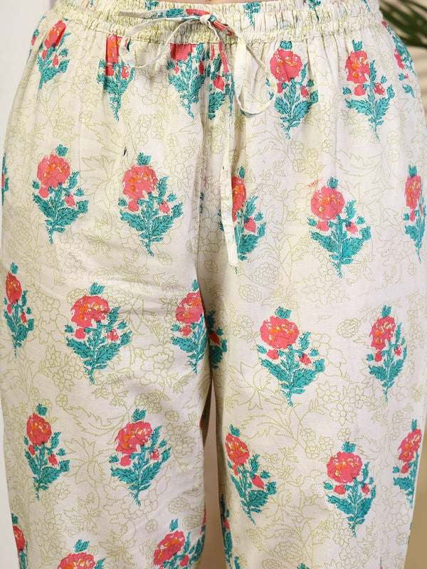 Off White Printed Cotton Kurta Suit Set