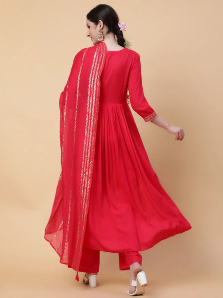 Coral Solid Embroidered On Yoke Kurta Suit Set