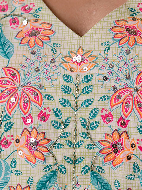 Mint Green Cotton Floral Print Embroidered Kurta Suit Set
