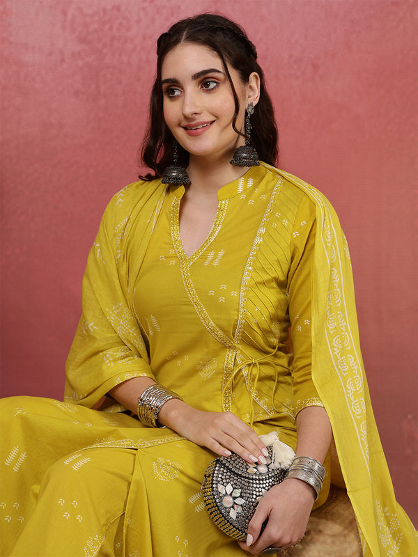 Rayon Calf Length Printed Straight 3/4 Sleeves V-Neck Kurta Bottom Dupatta Set