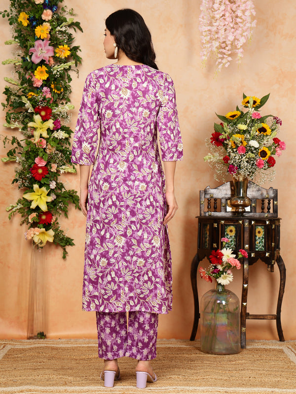 Purple Cotton Calf Length Printed V-Neck Straight Kurta Suit Set