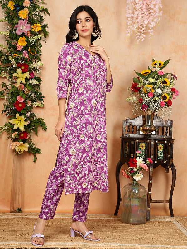 Purple Cotton Calf Length Printed V-Neck Straight Kurta Suit Set